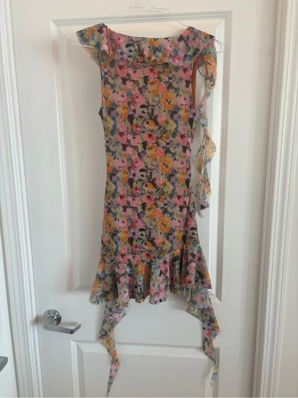 Zara Floral Ruched Asymmetrical Mini Dress Size Medium - Picture 6 of 9